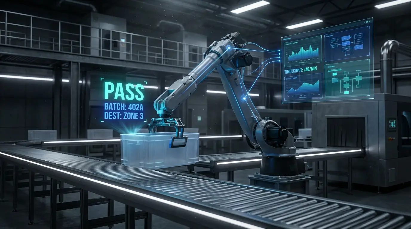 робот сортирует изделия с цифровыми статусами