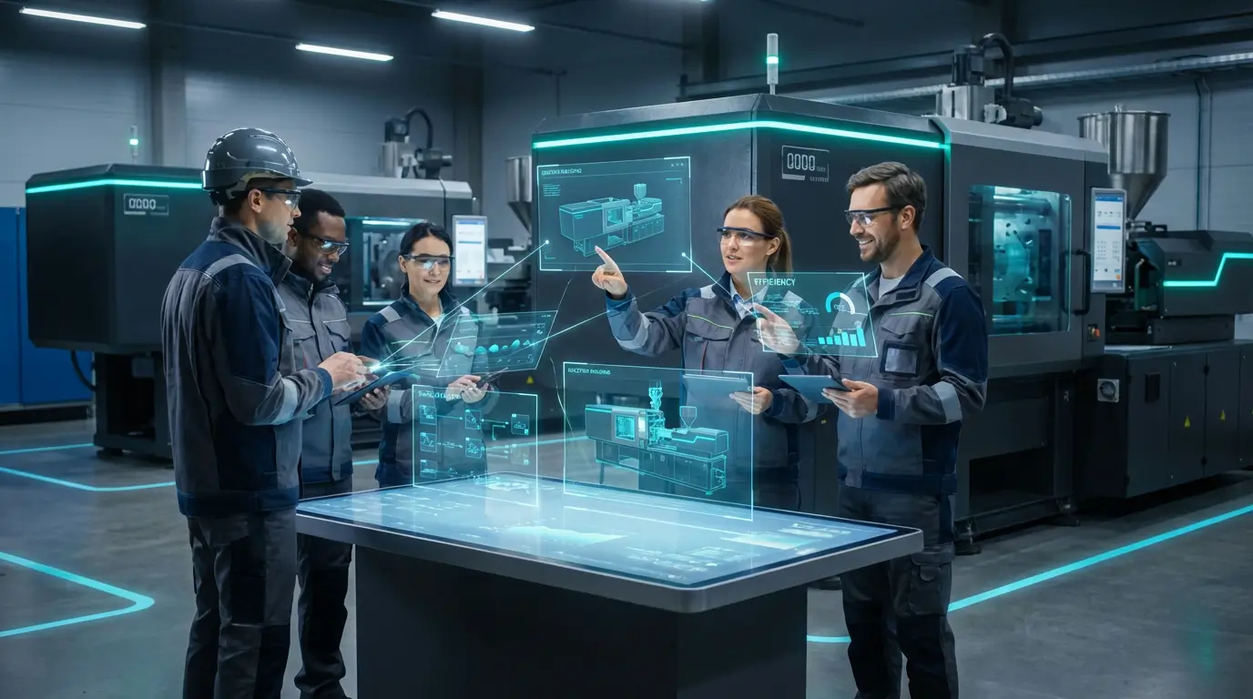 команда инженеров обсуждает оптимизацию производства