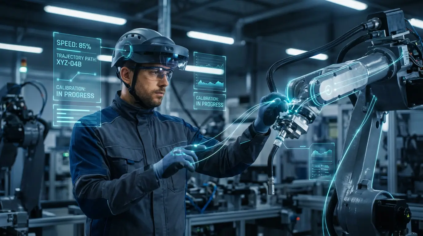 оператор настраивает робота через AR интерфейс