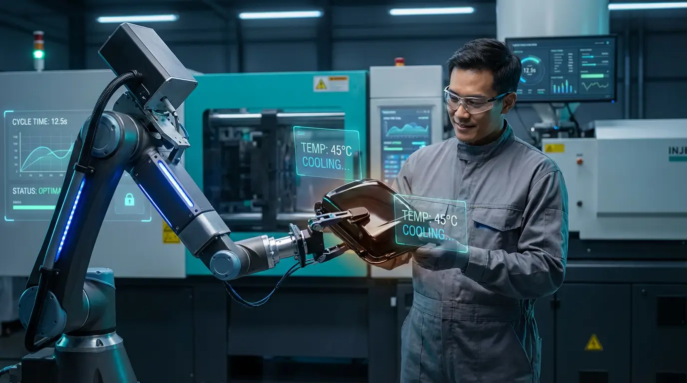 робот передает пластиковую деталь оператору